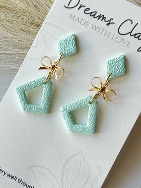 Mint Soft Green Geometric Bow Drop Earrings